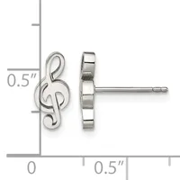 Pair of silver treble clef stud earrings shown front and back view with measurement scale indicating 0.5 inch height.