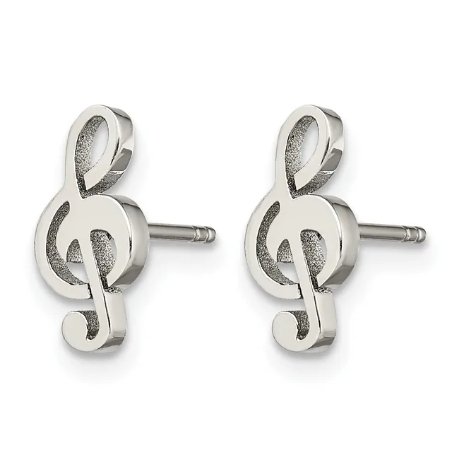 Pair of silver treble clef stud earrings with textured surfaces and surgical steel posts, shown from the front.