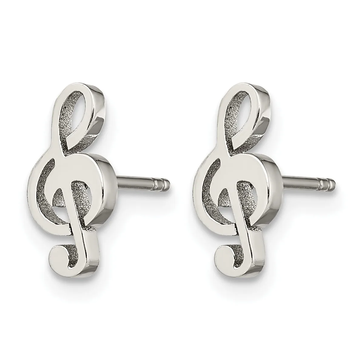 Pair of silver treble clef stud earrings with textured surfaces and surgical steel posts, shown from the front.