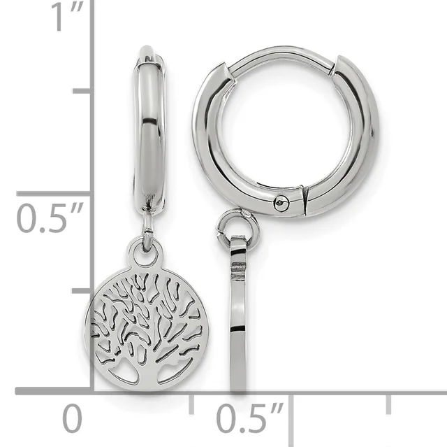 Pair of polished silver-toned hoop earrings with a detachable tree of life charm pendant, shown next to a ruler indicating approximately one inch in length.
