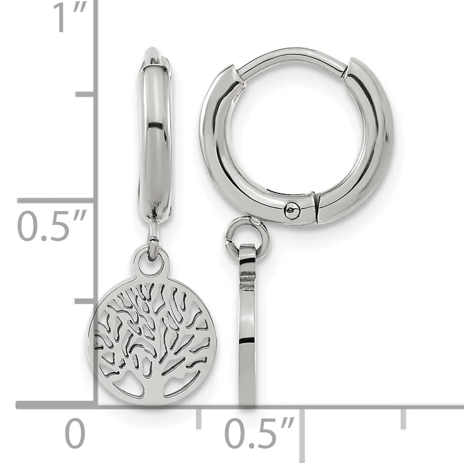 Pair of polished silver-toned hoop earrings with a detachable tree of life charm pendant, shown next to a ruler indicating approximately one inch in length.