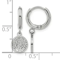 Pair of polished silver-toned hoop earrings with a detachable tree of life charm pendant, shown next to a ruler indicating approximately one inch in length.