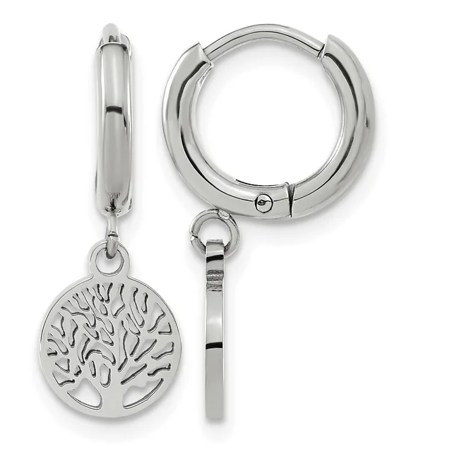 A pair of polished silver-tone hoop earrings with a detachable tree of life charm pendant shown from front and side views.