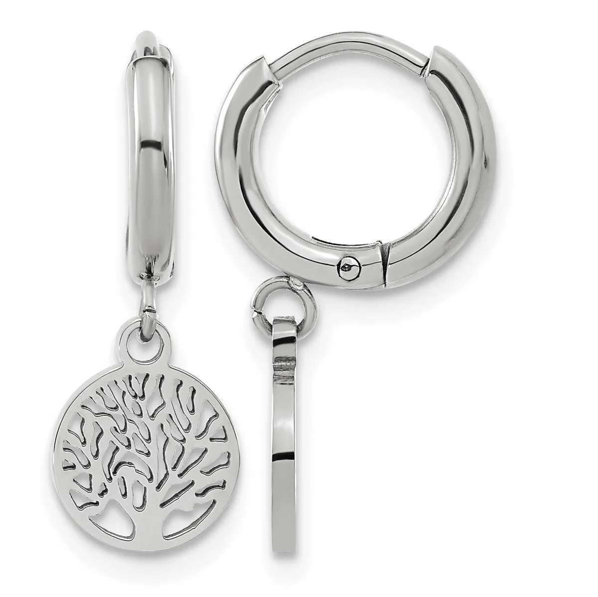 A pair of polished silver-tone hoop earrings with a detachable tree of life charm pendant shown from front and side views.