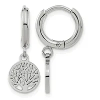 A pair of polished silver-tone hoop earrings with a detachable tree of life charm pendant shown from front and side views.