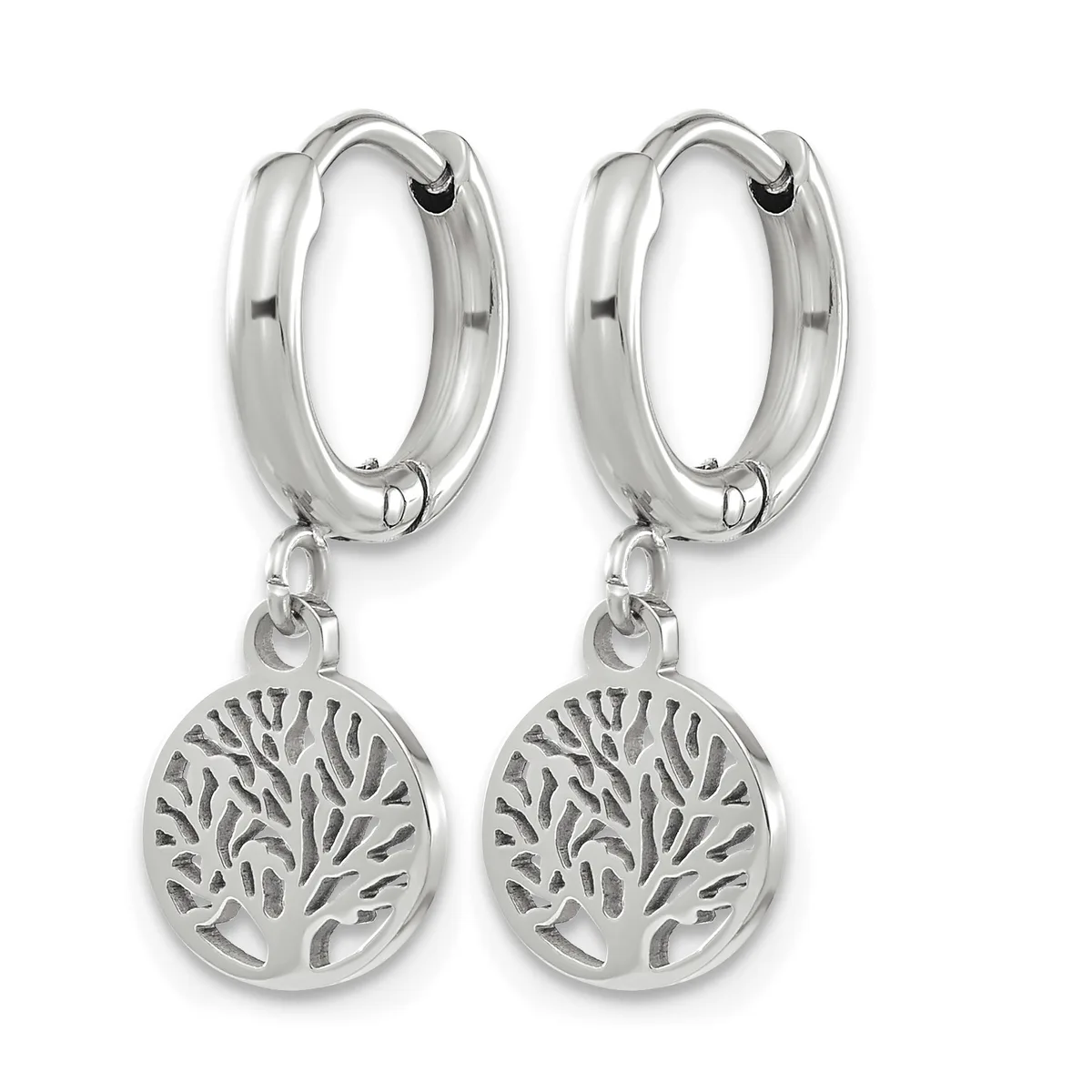 A pair of silver hoop earrings with dangling circular charms featuring a tree of life cutout design.