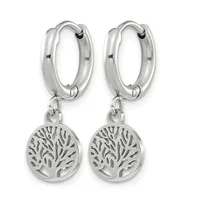 A pair of silver hoop earrings with dangling circular charms featuring a tree of life cutout design.