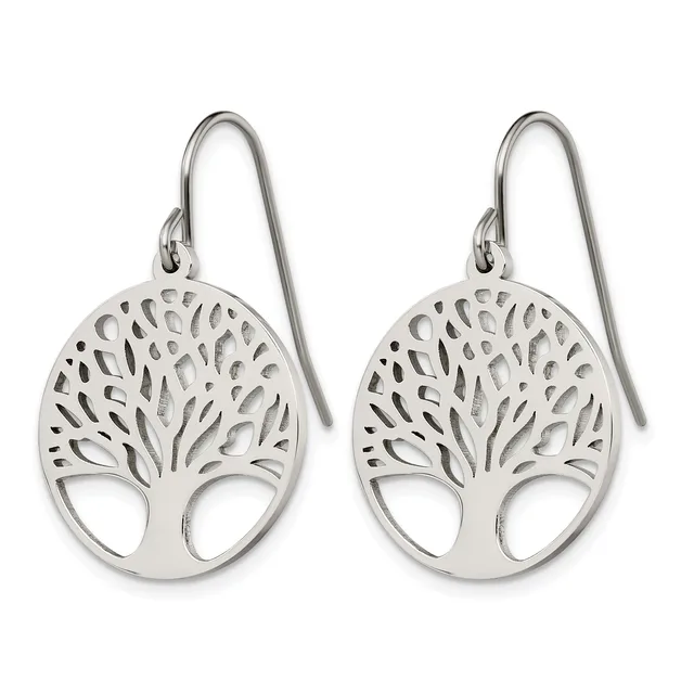 A pair of silver tree of life earrings with openwork designs and wire hooks, displayed against a white background.