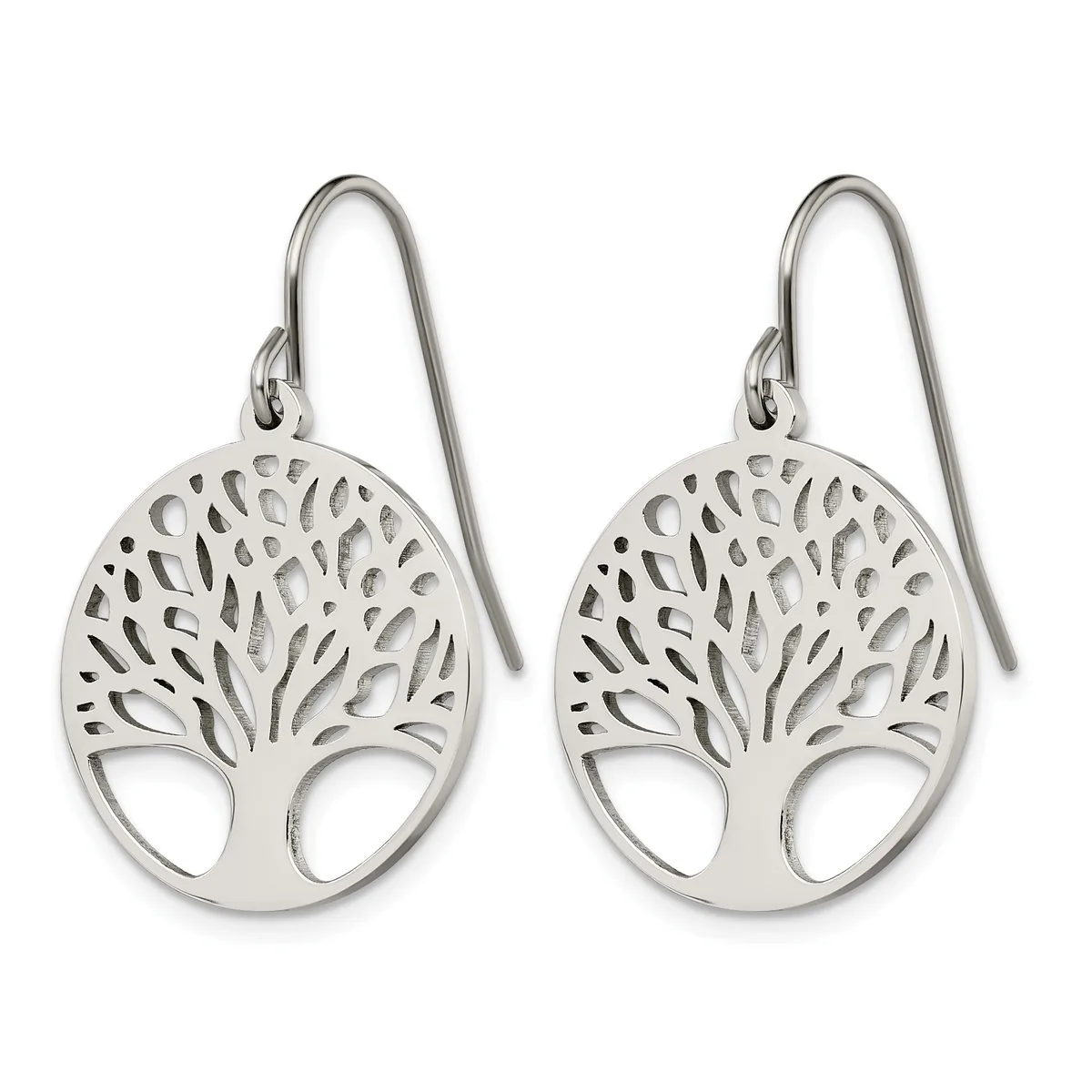 A pair of silver tree of life earrings with openwork designs and wire hooks, displayed against a white background.