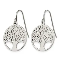 A pair of silver tree of life earrings with openwork designs and wire hooks, displayed against a white background.