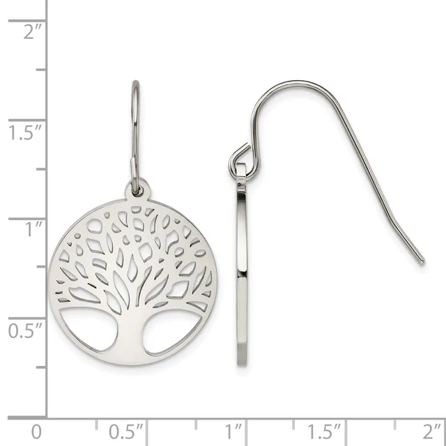 Pair of silver tree of life dangle earrings with French wire hooks, shown next to a measurement ruler indicating approximately one inch diameter.