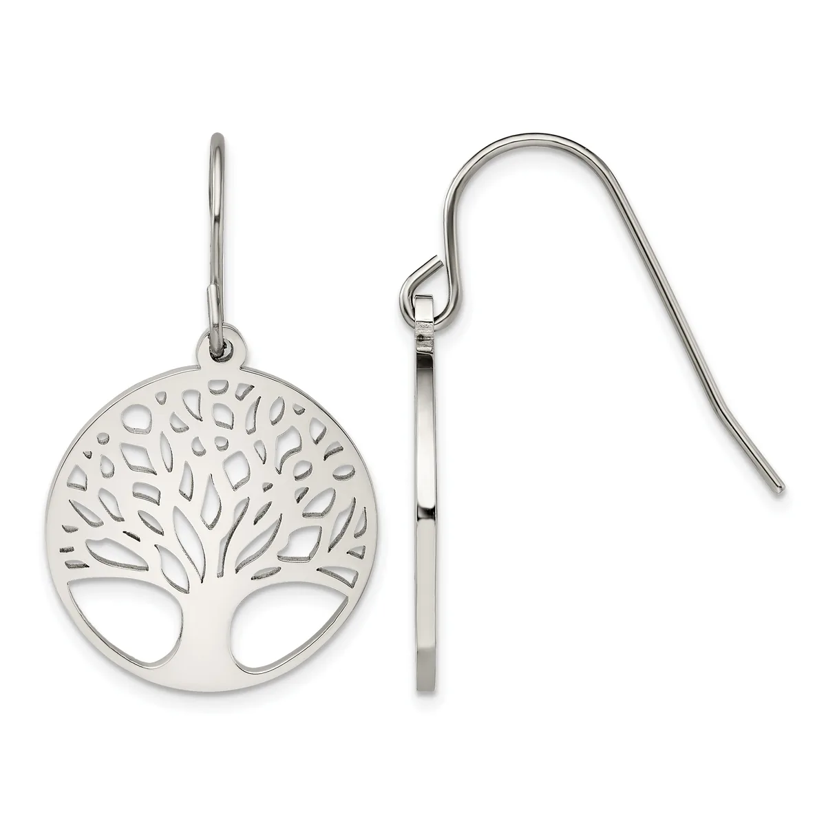 Pair of silver tree of life drop earrings with openwork circular pendants suspended from curved ear wires.