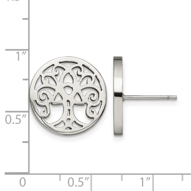 Pair of silver stud earrings with ornate tree of life design, shown front and side view with measurement scale.