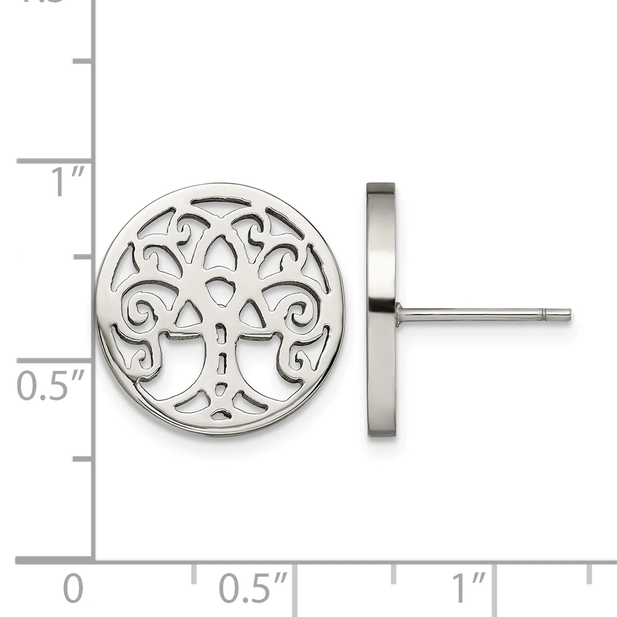 Pair of silver stud earrings with ornate tree of life design, shown front and side view with measurement scale.