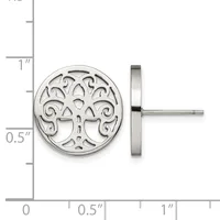 Pair of silver stud earrings with ornate tree of life design, shown front and side view with measurement scale.