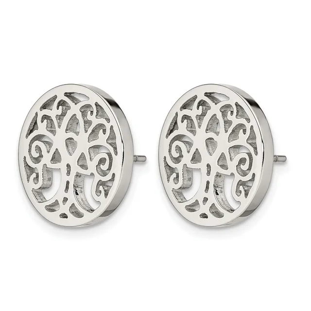 A pair of silver oval stud earrings with an open filigree pattern featuring scrolls and teardrop shapes, shown from the front.