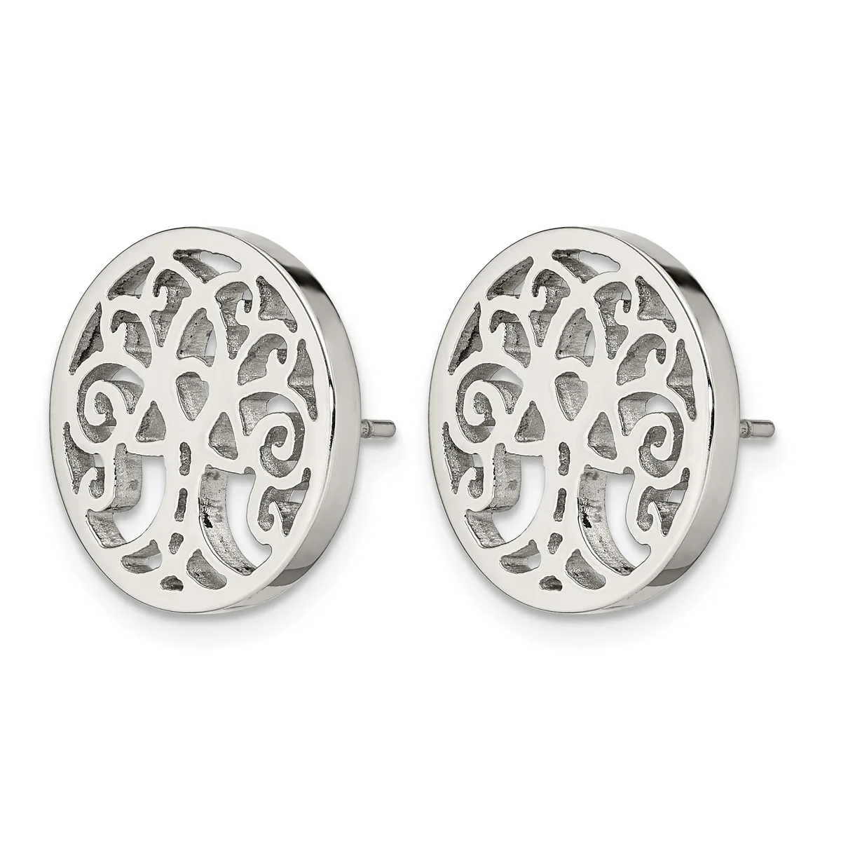 A pair of silver oval stud earrings with an open filigree pattern featuring scrolls and teardrop shapes, shown from the front.