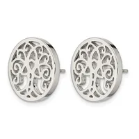 A pair of silver oval stud earrings with an open filigree pattern featuring scrolls and teardrop shapes, shown from the front.