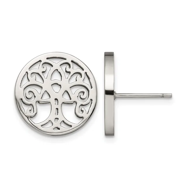 Pair of silver stud earrings featuring circular tree of life design with scrolling branches, shown from front and side view.