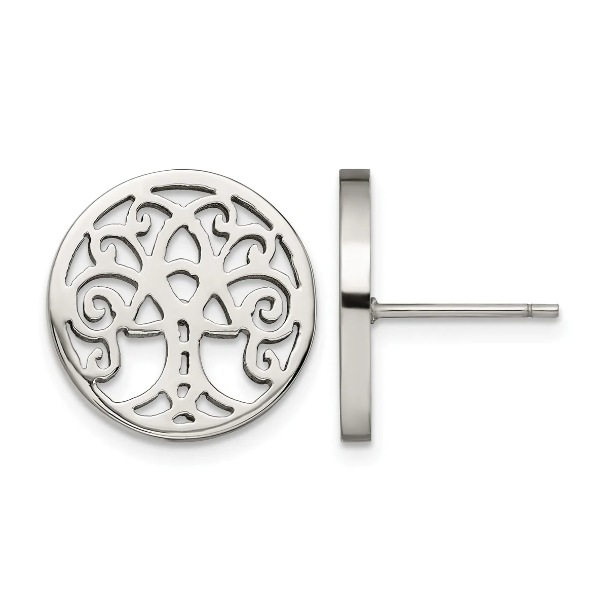 Pair of silver stud earrings featuring circular tree of life design with scrolling branches, shown from front and side view.