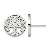 Pair of silver stud earrings featuring circular tree of life design with scrolling branches, shown from front and side view.