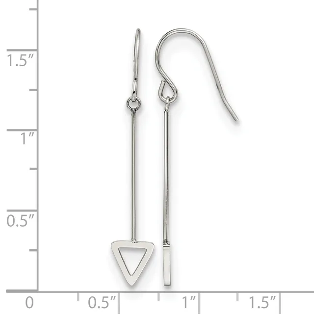 A pair of silver dangle earrings with long stems and triangle and rectangular pendant shapes, displayed next to a measurement scale.