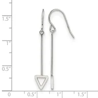 A pair of silver dangle earrings with long stems and triangle and rectangular pendant shapes, displayed next to a measurement scale.