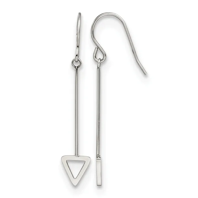 A pair of silver dangle earrings with long thin posts, one featuring a hollow triangle pendant and the other a rectangular bar pendant, suspended from curved ear wires.
