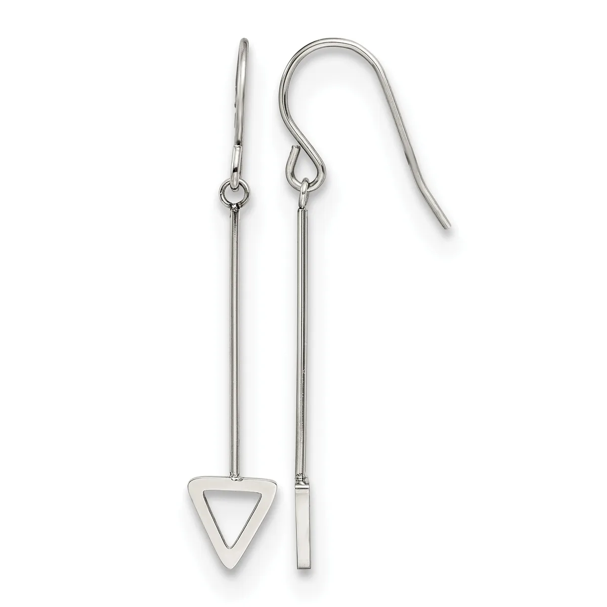 A pair of silver dangle earrings with long thin posts, one featuring a hollow triangle pendant and the other a rectangular bar pendant, suspended from curved ear wires.