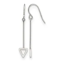 A pair of silver dangle earrings with long thin posts, one featuring a hollow triangle pendant and the other a rectangular bar pendant, suspended from curved ear wires.