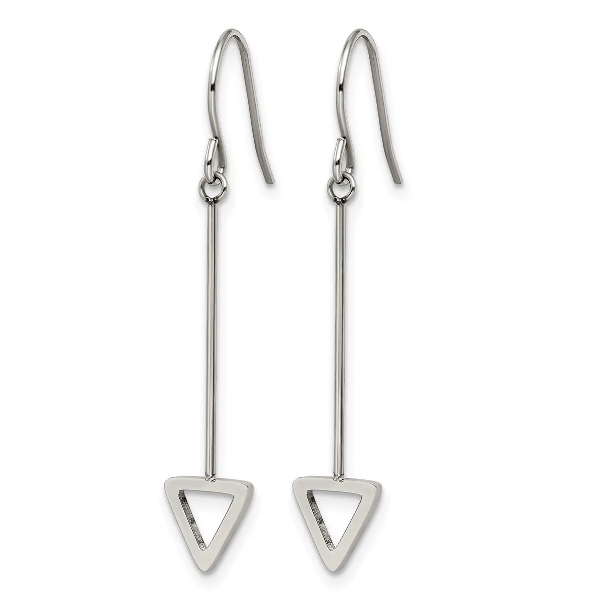 Pair of silver-toned drop earrings with curved ear wires and long thin stems ending in hollow triangle charms.