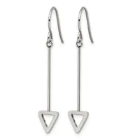 Pair of silver-toned drop earrings with curved ear wires and long thin stems ending in hollow triangle charms.