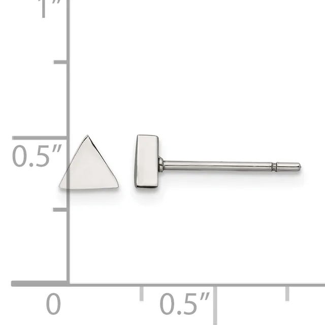 A pair of silver stud earrings with a triangular stone on the left and a rectangular stone on the right, shown against a measurement scale indicating their dimensions of approximately 0.5 inches.