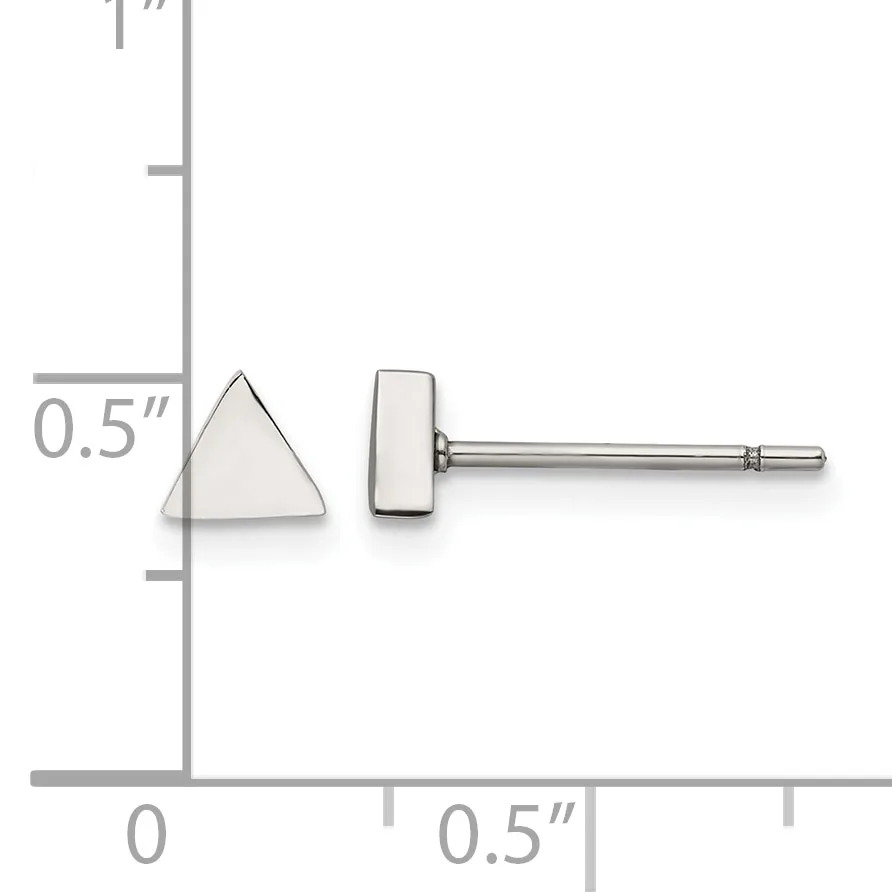 A pair of silver stud earrings with a triangular stone on the left and a rectangular stone on the right, shown against a measurement scale indicating their dimensions of approximately 0.5 inches.