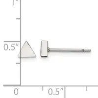 A pair of silver stud earrings with a triangular stone on the left and a rectangular stone on the right, shown against a measurement scale indicating their dimensions of approximately 0.5 inches.