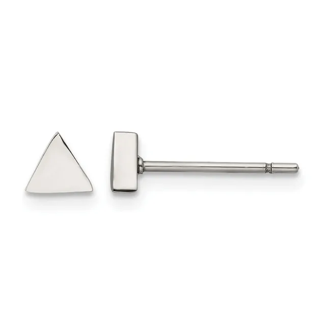 A pair of silver triangle stud earrings displayed from front and side views, showing the polished metal finish and post backs.