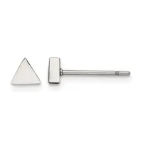 A pair of silver triangle stud earrings displayed from front and side views, showing the polished metal finish and post backs.