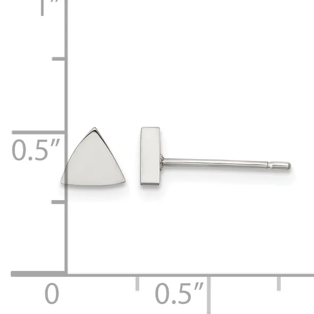 A pair of silver stud earrings with triangular and rectangular faces shown at actual size on a measurement scale indicating approximately 0.5 inches in height.