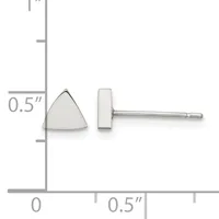 A pair of silver stud earrings with triangular and rectangular faces shown at actual size on a measurement scale indicating approximately 0.5 inches in height.