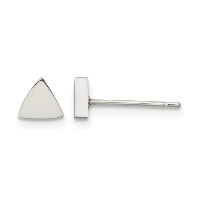 A pair of silver triangle stud earrings shown from front and side views, displaying the flat triangular face and thin post with backing.