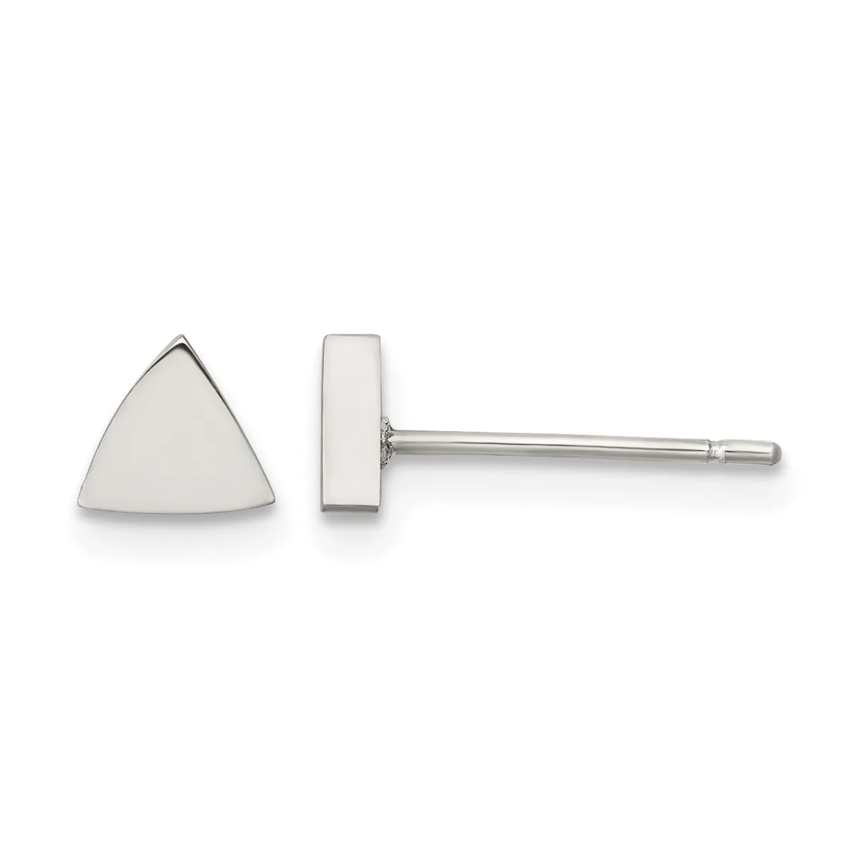 A pair of silver triangle stud earrings shown from front and side views, displaying the flat triangular face and thin post with backing.