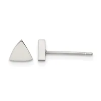 A pair of silver triangle stud earrings shown from front and side views, displaying the flat triangular face and thin post with backing.