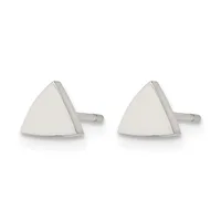 A pair of triangular silver stud earrings with posts and backs, displayed against a white background.