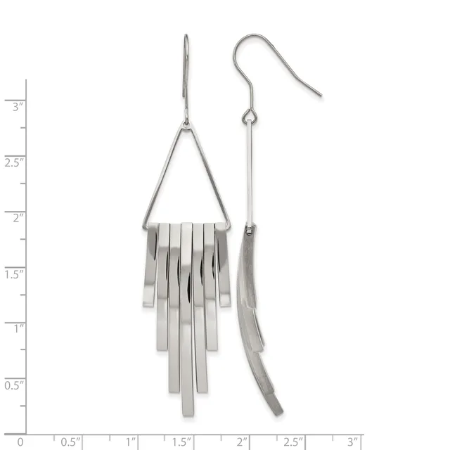 A pair of silver-toned dangle earrings with triangular tops and straight rectangular bar fringe hanging below, displayed against a measurement scale.