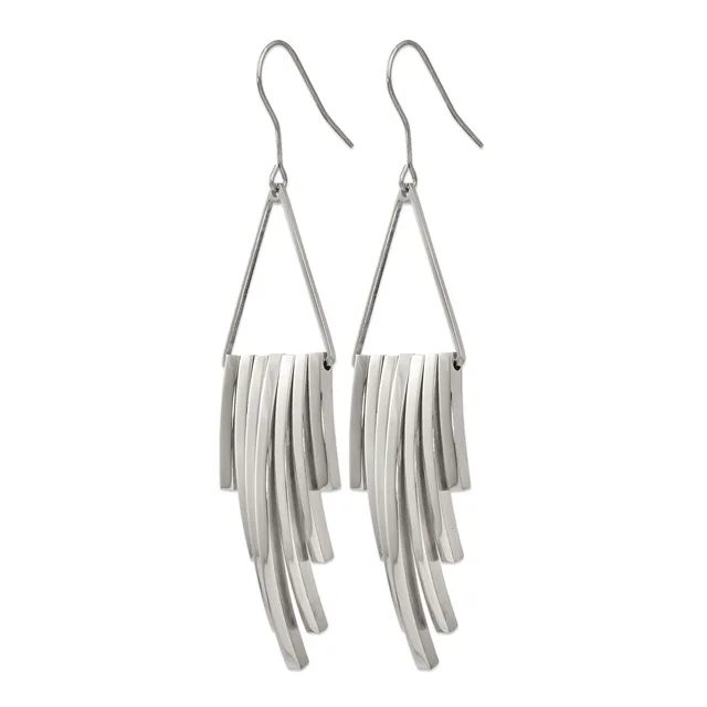 A pair of silver-toned tassel earrings with triangular frames and multiple thin strands hanging from each frame, shown against a white background.