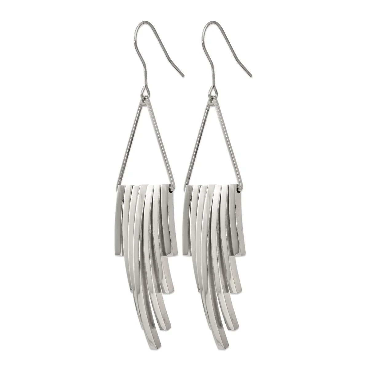 A pair of silver-toned tassel earrings with triangular frames and multiple thin strands hanging from each frame, shown against a white background.