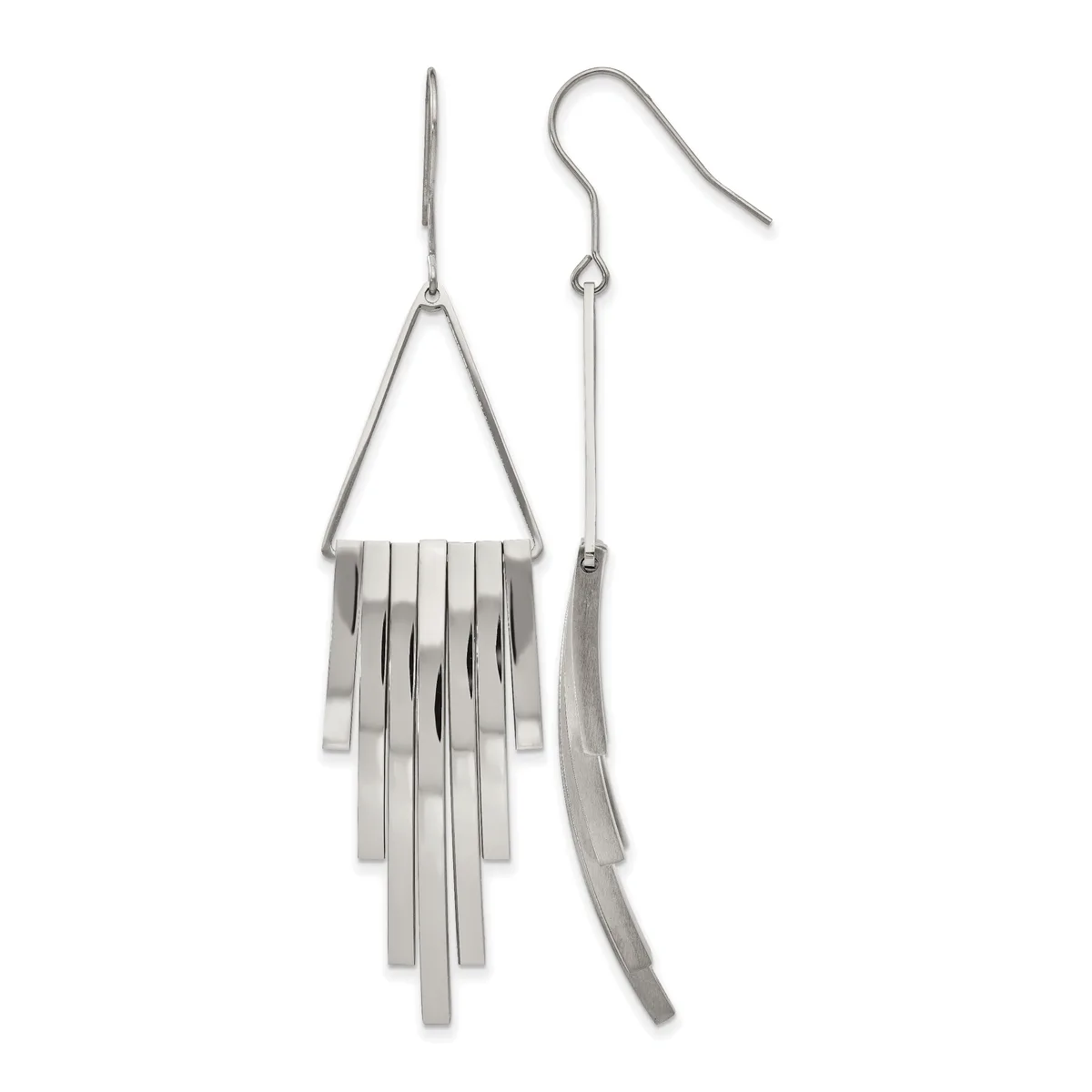A pair of silver-toned earrings with triangular tops and multiple thin rectangular strips hanging below, displayed against a white background.