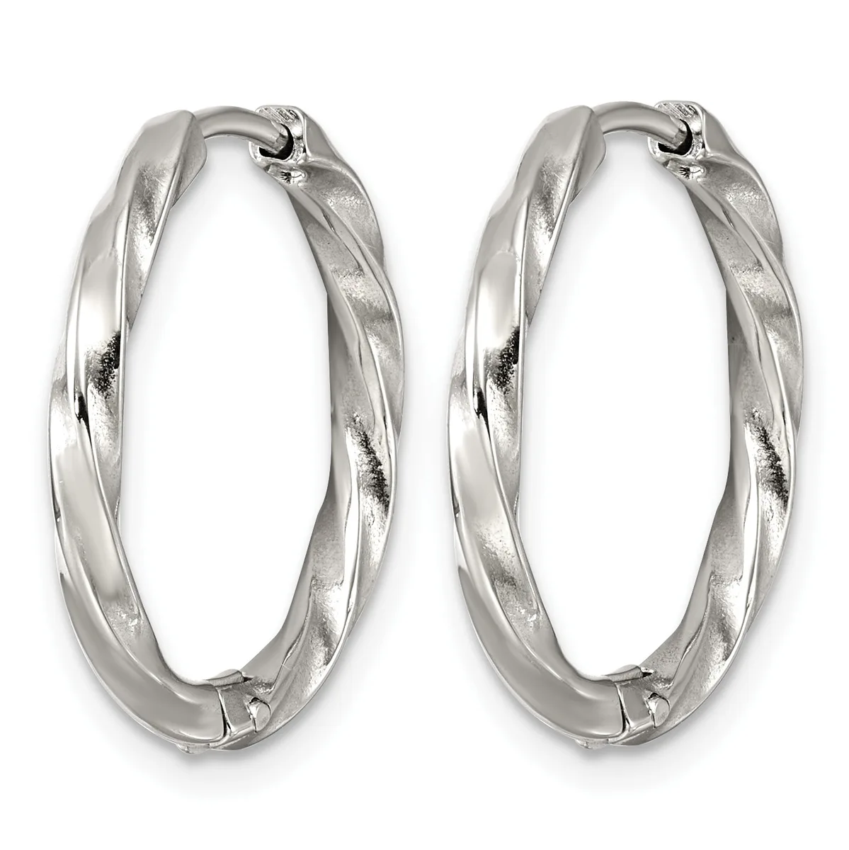 Pair of twisted silver hoop earrings with a textured finish and hinged closures, shown against a white background.
