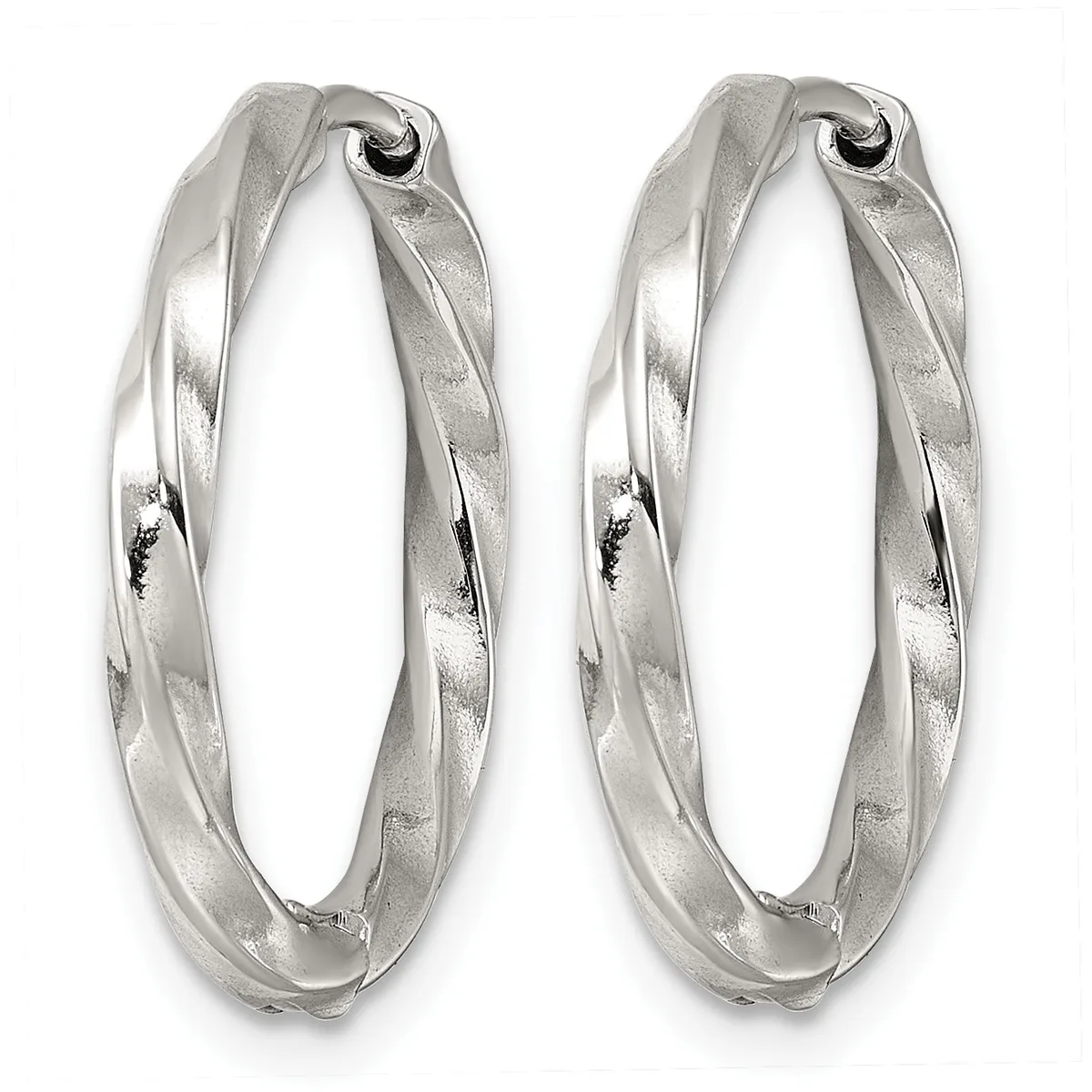 A pair of silver twisted hoop earrings with a textured surface and hinged closures, shown from the front.