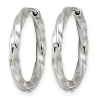 A pair of silver twisted hoop earrings with a textured surface and hinged closures, shown from the front.